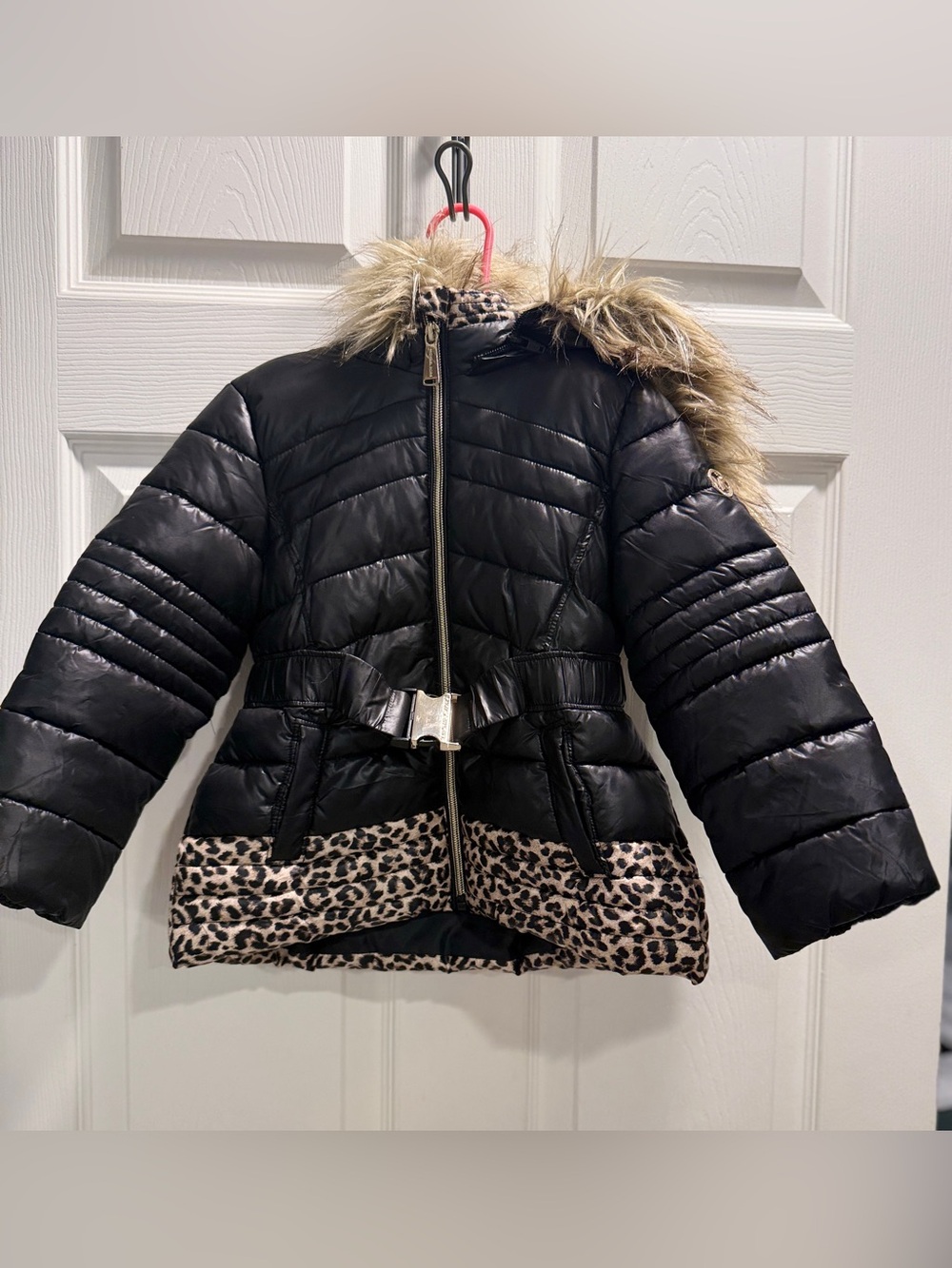 Michael Kors Girls 3T Puffer Coat Faux Fur Hood Black Leopard Print Jacket - Picture 2 of 14